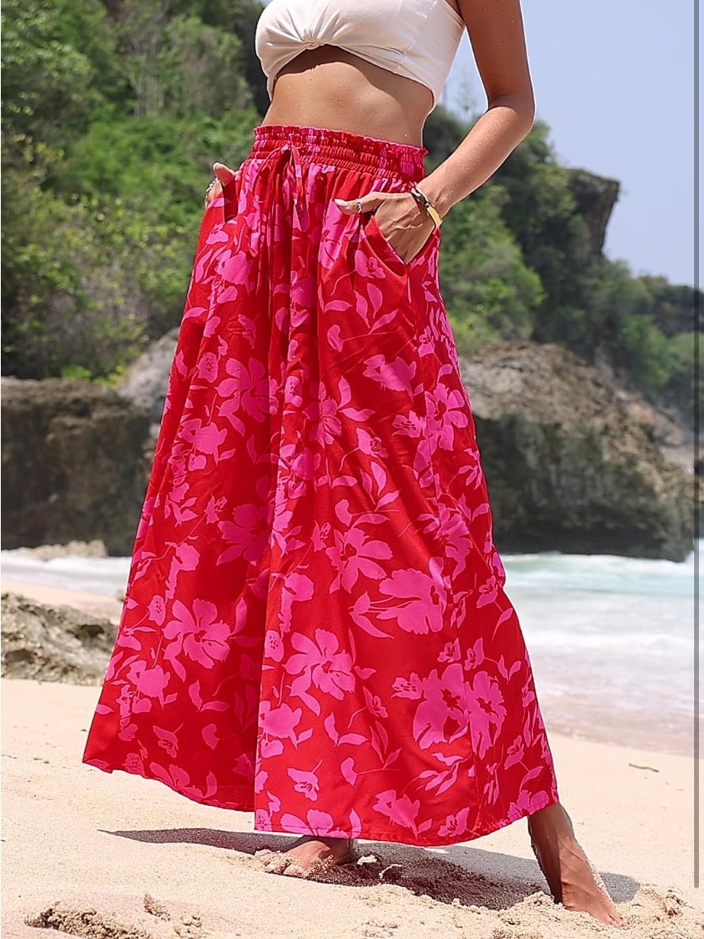 NWOT Red and Pink Floral High Waisted Wide Leg Boho Flowy Palazzo Pants Sz Small - Picture 4 of 12